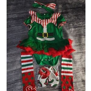 Baby Elf Outfit Christmas Tutu Romper Headband Leg Warmers Slipper Set 12-18 m